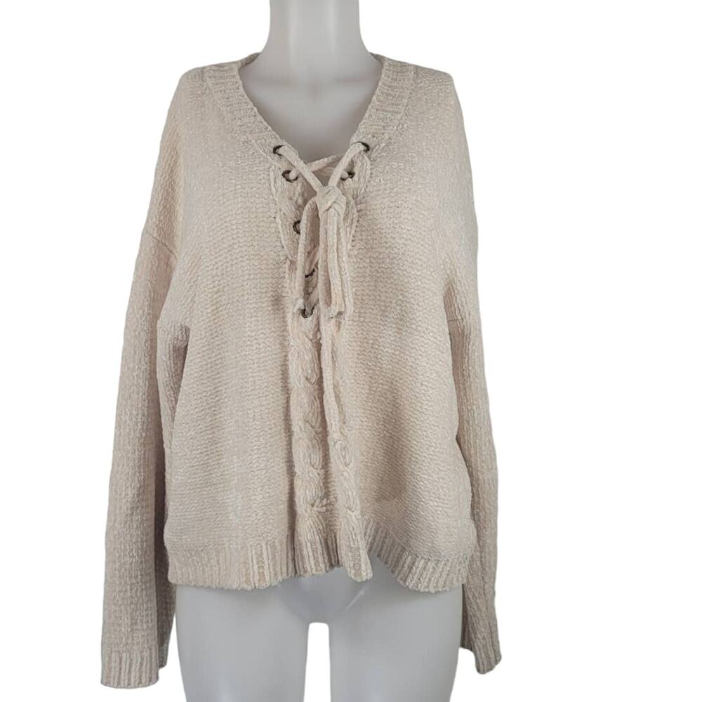 Lumiere Super Soft Cream Tie Up V-Neck Winter Warm Women Sweater L